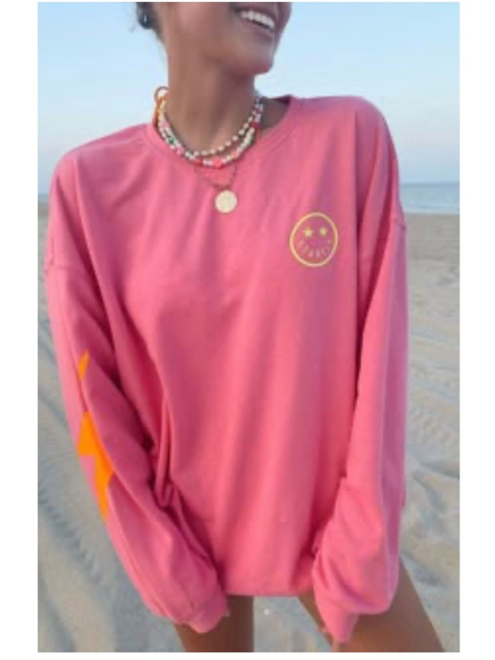 Starfit Smiley Lightening Bolt Graphic Crewneck Long Sleeve T-Shirt Pink S/M